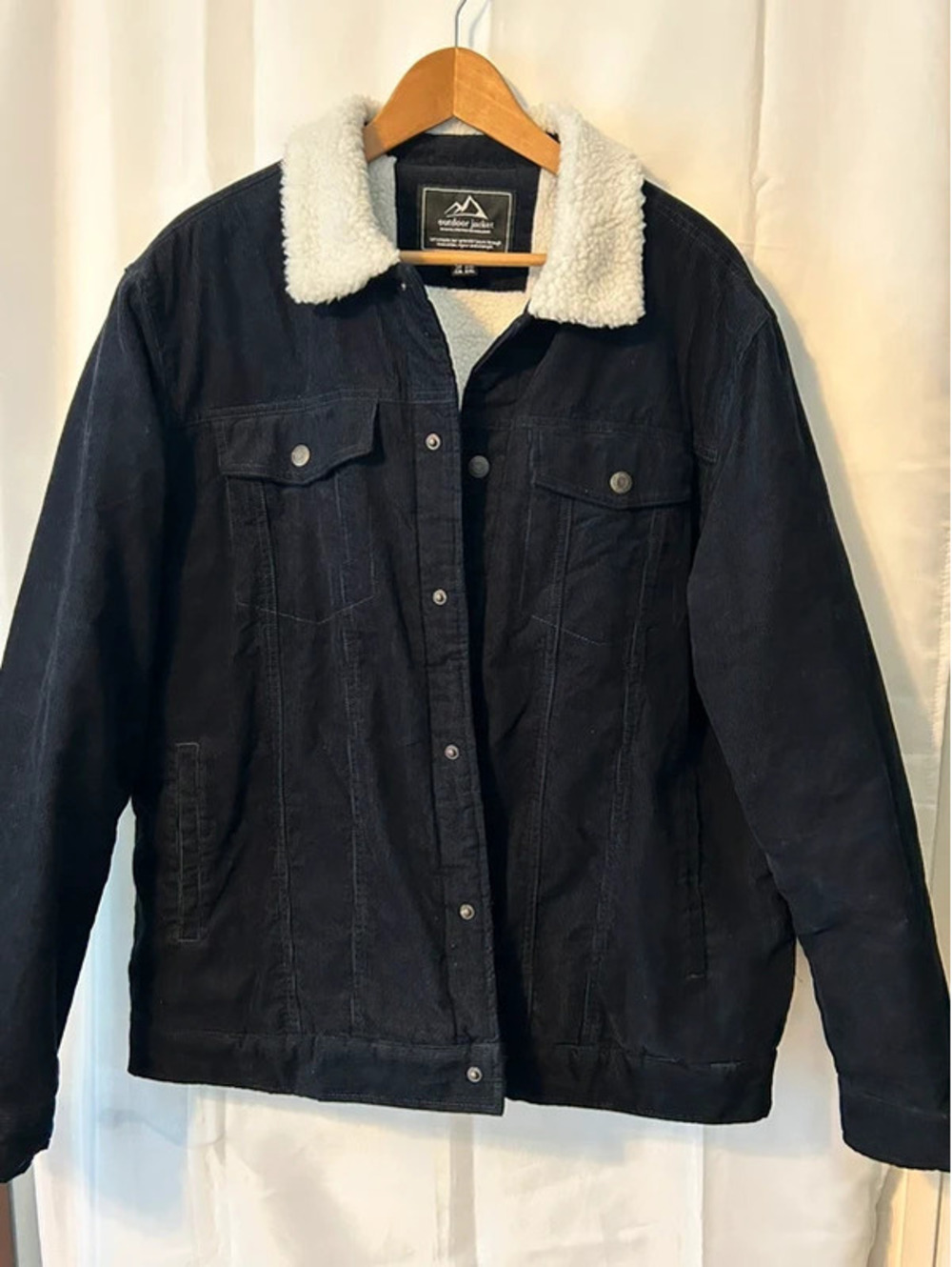 Outdoor Jacket Men’s Navy Blue Sherpa Lined Corduroy Trucker Button Pockets XL